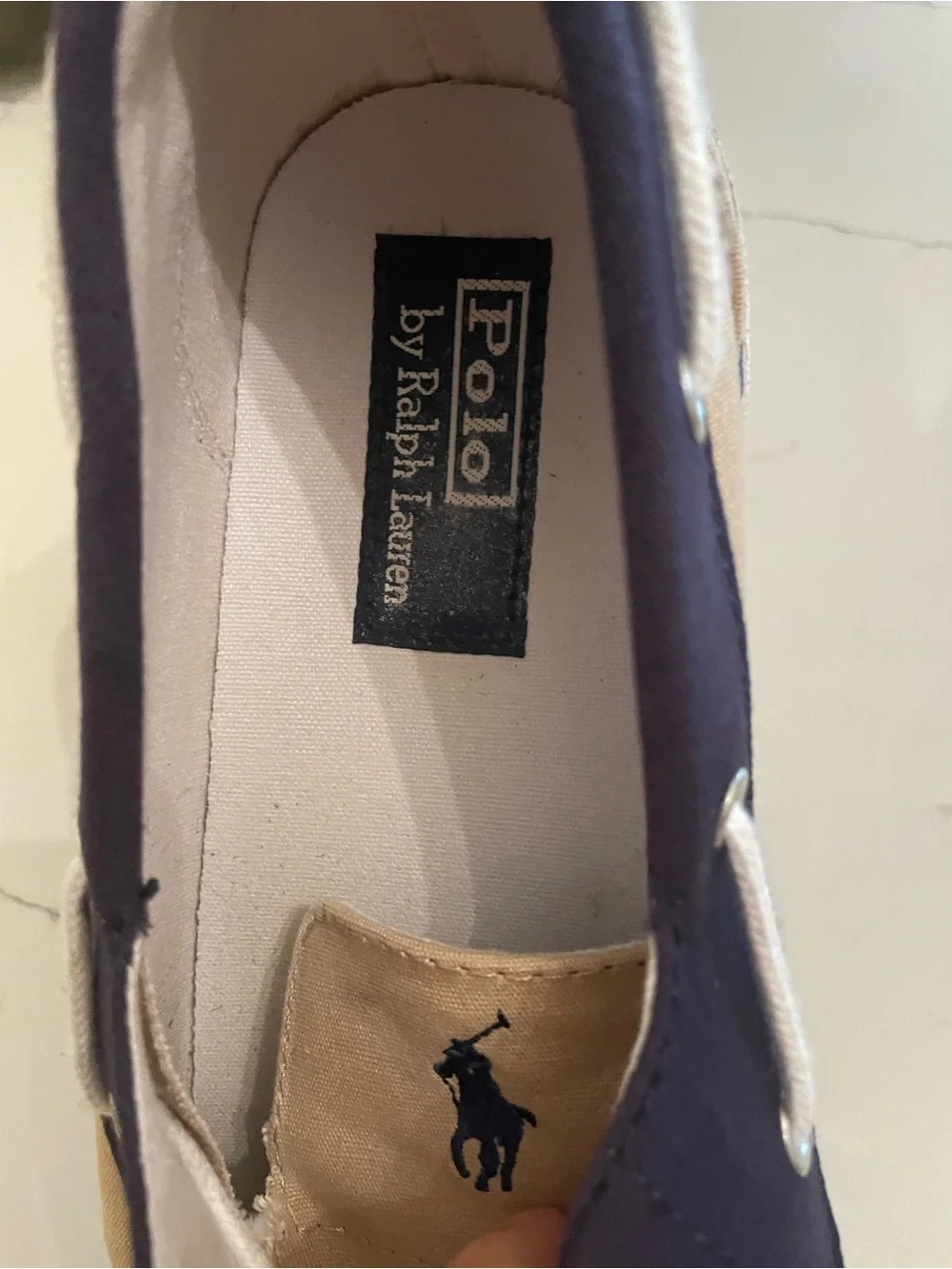 Polo Ralph Lauren Franz Canvas Boat Shoes Loafers Tan Navy Blue Size 10D